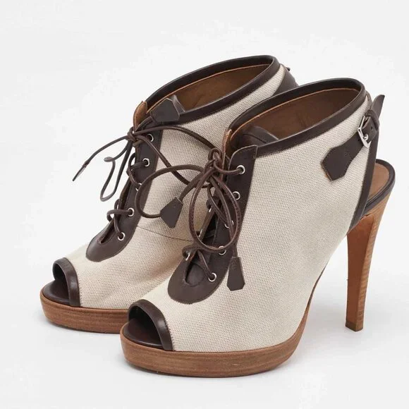 Hermes Off White/Brown Canvas and Leather Platform Booties Size 37 488-050125 - Picture 4 of 9